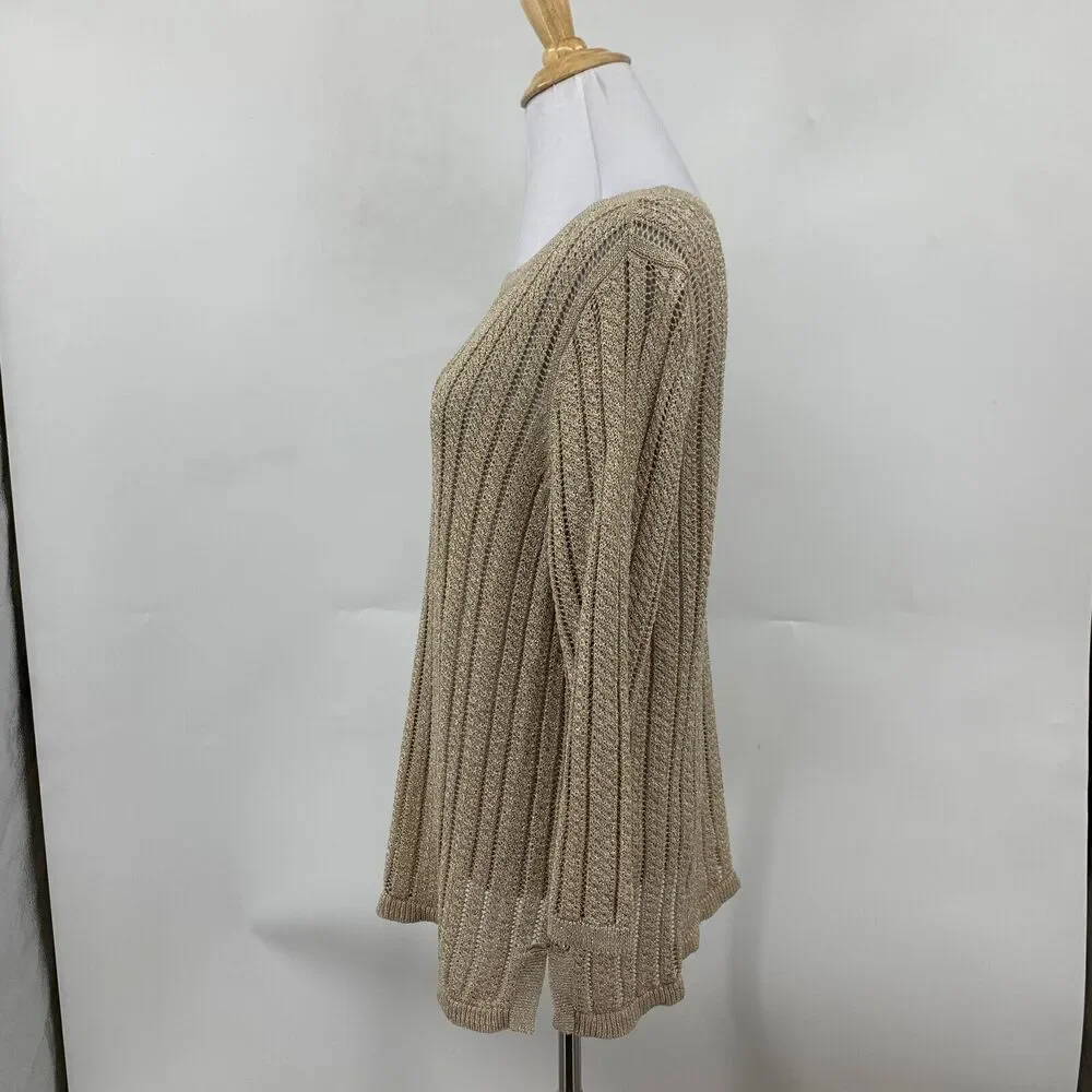 Talbots Sweater Womens XLP Gold Petite Linen Metallic Blend Open Knit Pullover